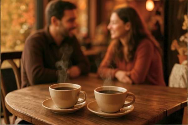 deux tasses de café fumantes sur une table en bois brut dans un bistrot intimiste