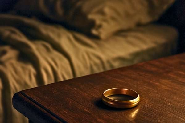 une alliance en or posée sur une table de nuit en bois sombre.