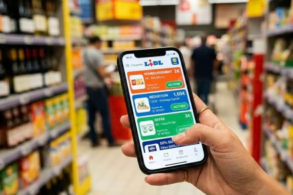 L'&eacute;cran montre une application de supermarch&eacute; avec une liste de coupons digitaux