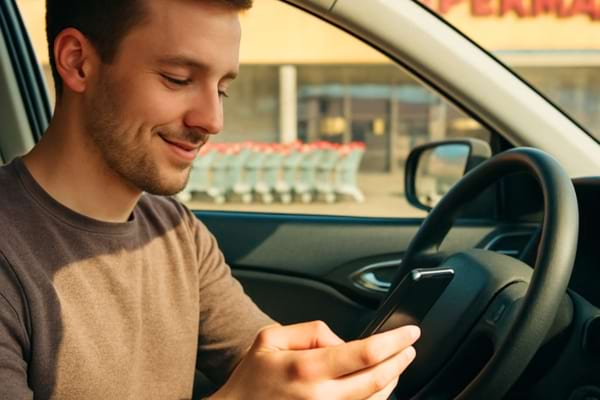 ne personne assise au volant de sa voiture sur un parking de supermarch&eacute; de jour. 