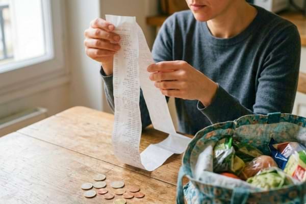 d'un long ticket de caisse tenu par deux mains au-dessus d'une table en bois.