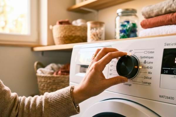 une main ajustant le cadran moderne d'une machine &agrave; laver dans une buanderie chaleureuse.
