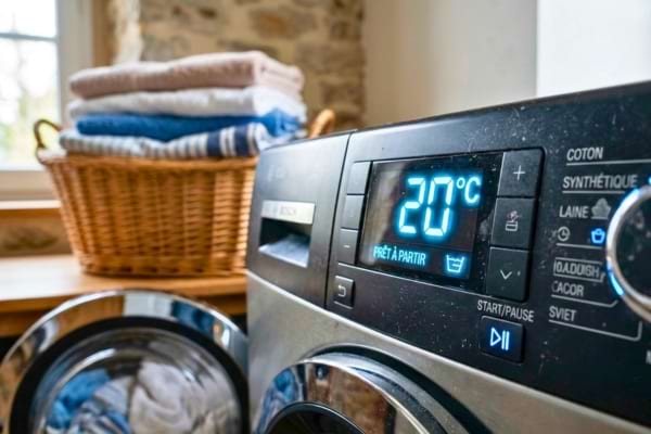 &eacute;cran digital d'un lave-linge affichant "20&deg;C" en lettres lumineuses bleues