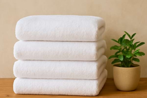 une pile de serviettes de bain blanches et moelleuses parfaitement pli&eacute;es sur une &eacute;tag&egrave;re en bois