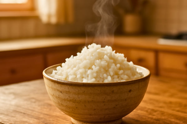 un bol en c&eacute;ramique artisanale rempli de riz blanc fumant pos&eacute; sur une table
