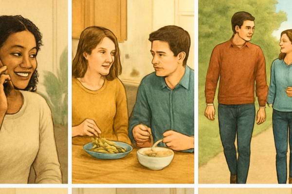 illustration montrant une femme au telephone un couple a table et un couple marchant cote a cote