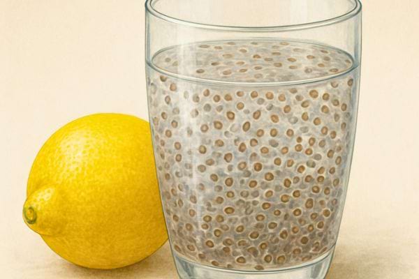 verre deau avec graines de chia gonflees accompagne dun citron entier sur fond clair