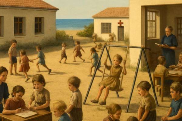 des enfants jouent et etudient dans une cour pres de batiments simples et dune religieuse