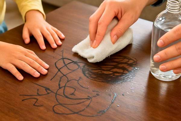 main essuyant des gribouillis sur une table en bois avec chiffon humide et vinaigre