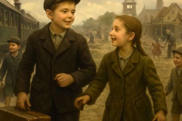 un garcon et une fille marchent avec une valise dans un decor ancien avec dautres enfants