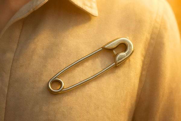 Epingle de surete accrochee sur une chemise beige