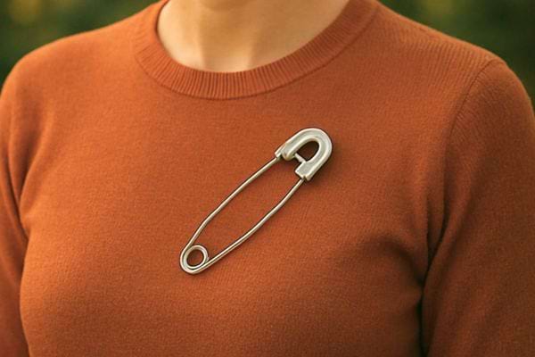 Grande epingle de surete fixee sur un tee shirt marron