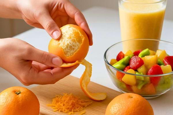 mains epluchant une orange sur une planche avec zestes bol de fruits et verre de jus en arriere plan