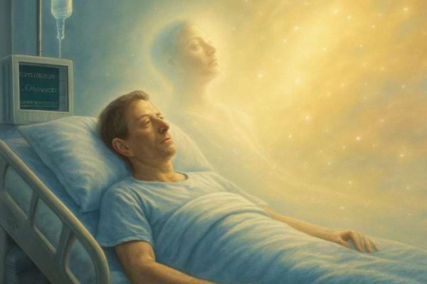 patient allonge dans un lit dhopital avec une representation symbolique de sortie de corps lumineuse