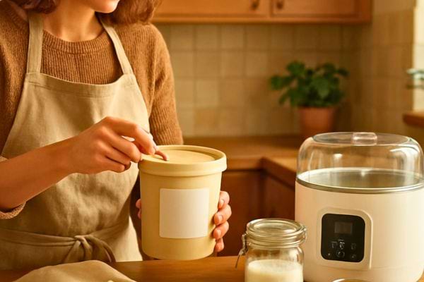 personne preparant un yaourt maison avec un appareil et un pot reutilisable