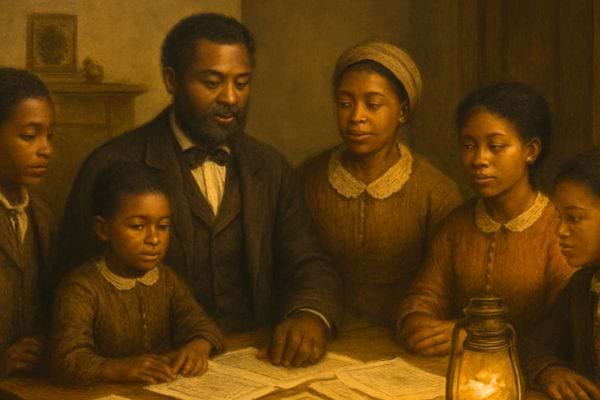 Scene ancienne montrant une famille reunie autour dune table avec des papiers et une lanterne.
