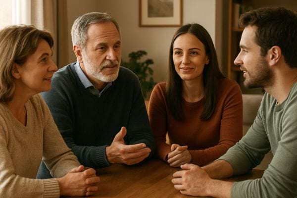 quatre adultes assis autour dune table discutent calmement dans un salon lumineux