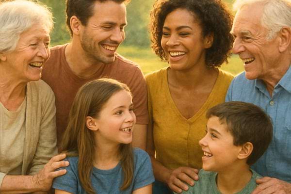 une famille avec grands parents parents et enfants sourit ensemble en plein air