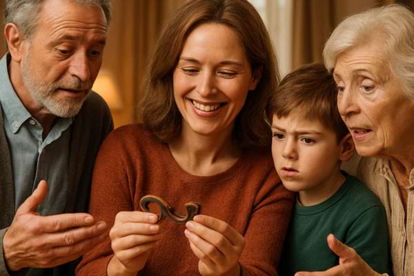 une famille regarde avec curiosite un petit objet tenu entre les mains dune femme souriante