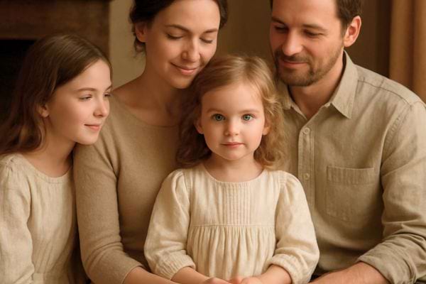 parents et deux enfants rassembles autour dune petite fille regardant lobjectif dans une ambiance chaleureuse