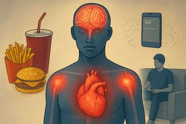 illustration montrant cerveau et coeur affectes par la consommation de fast food et sedentarite