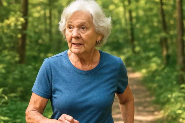 une femme agee court sur un chemin forestier avec une expression dynamique