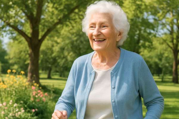 une femme agee souriante marche dans un parc ensoleille entoure darbres et de fleurs