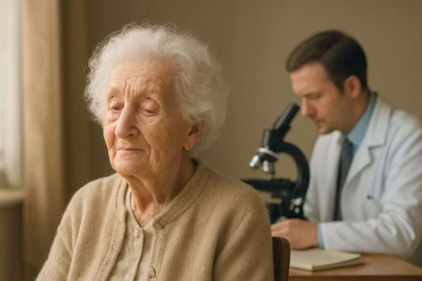 une femme agee assise semble pensive tandis quun medecin travaille au microscope derriere elle