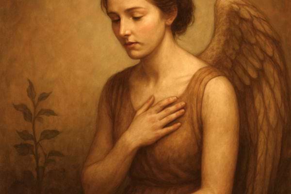 Portrait d une femme aux ailes brunes posees derriere elle la main sur la poitrine dans une ambiance douce et sepia.