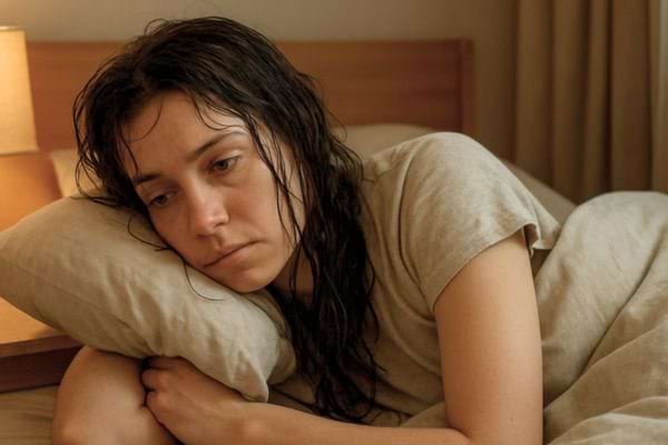 femme aux cheveux mouilles allongee sur un lit avec un regard fatigue