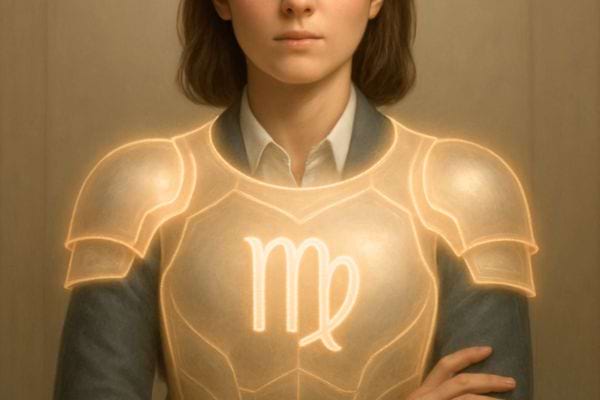 Femme debout portant une armure lumineuse avec symbole vierge sur la poitrine bras croises posture assuree.