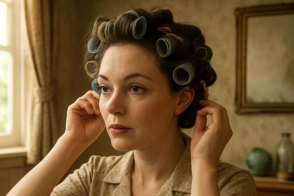 une femme installe des bigoudis dans ses cheveux devant une fenetre dans une piece lumineuse