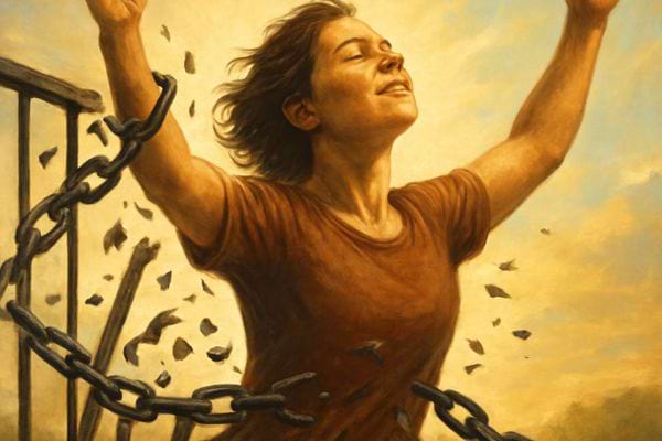 femme levant les bras chaines brisees autour delle symbole de liberation et force