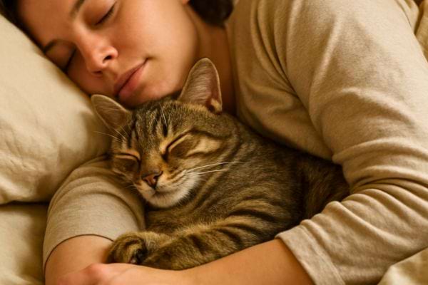 femme serrant tendrement son chat contre elle pendant le sommeil dans une ambiance douce