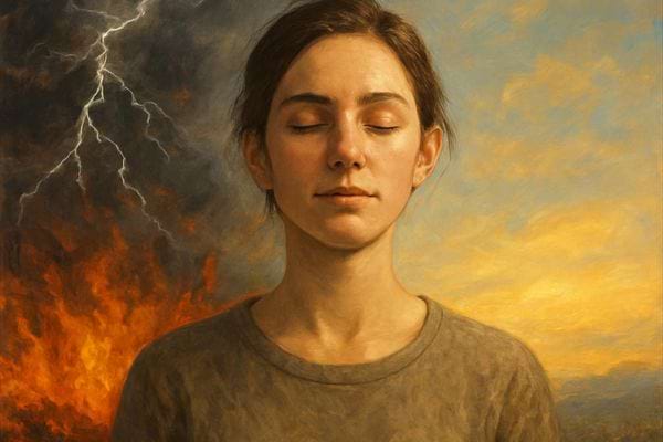 femme yeux fermes reste paisible tandis quorage et feu se divisent derriere elle