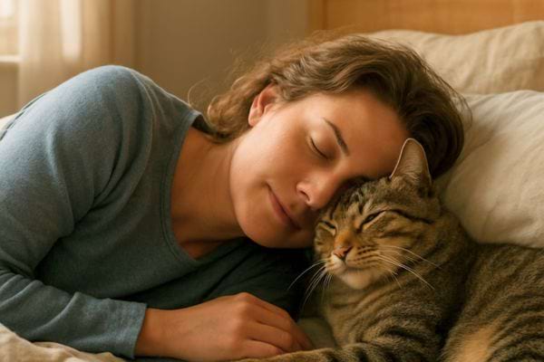 femme dormant paisiblement avec son chat blotti contre son visage sur un oreiller