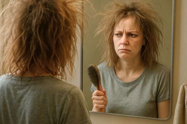 femme aux cheveux tres desordonnes regarde son reflet en tenant une brosse