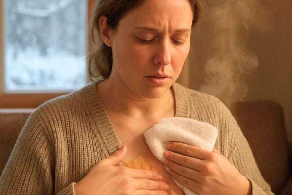 femme appliquant une compresse chaude sur la poitrine pour soulager une gene respiratoire