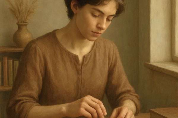 Jeune femme assise a une table pres d une fenetre concentree sur une tache manuelle dans une ambiance chaleureuse.