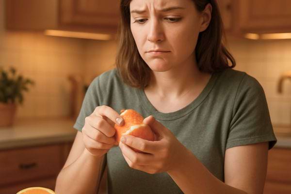 femme concentrée essayant de peler une orange dans une cuisine avec expression de doute