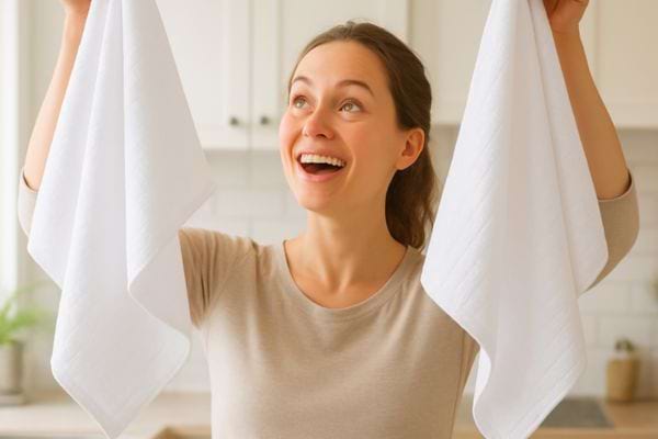Une femme souriante leve deux linges blancs propres dans une cuisine lumineuse.