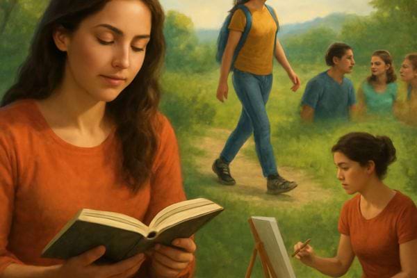 jeune femme lisant un livre scene symbolique marche peinture discussion en arriere plan