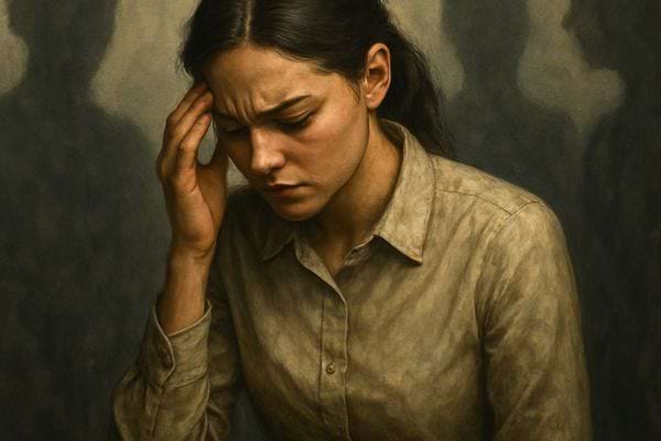 Jeune femme tenant sa tete l air preoccupe fond sombre et texture artistique.