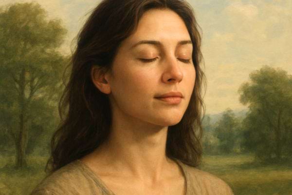 une femme aux yeux fermes respire calmement dans un paysage naturel