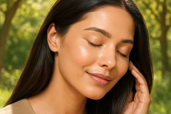 portrait dune femme aux yeux fermes affichant une peau lisse et lumineuse