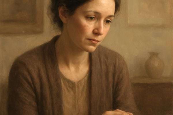 Femme assise regardant vers le bas air fatigue dans une piece simple avec vase en arriere plan.