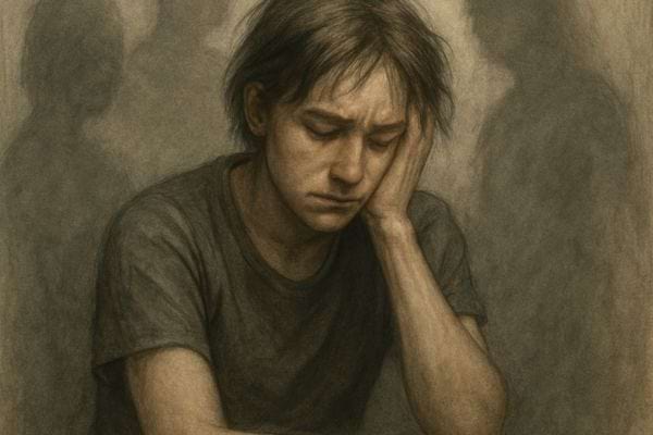 Une femme assise tient sa tete dans sa main avec une expression fatiguee et triste.