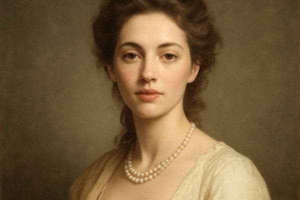 portrait dune jeune femme au regard calme portant un collier de perles dans un style ancien