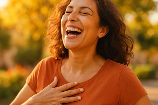 une femme rit aux eclats dehors au soleil main sur la poitrine ambiance chaleureuse