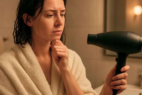 femme en peignoir observe un seche cheveux avec un air pensif dans la salle de bain